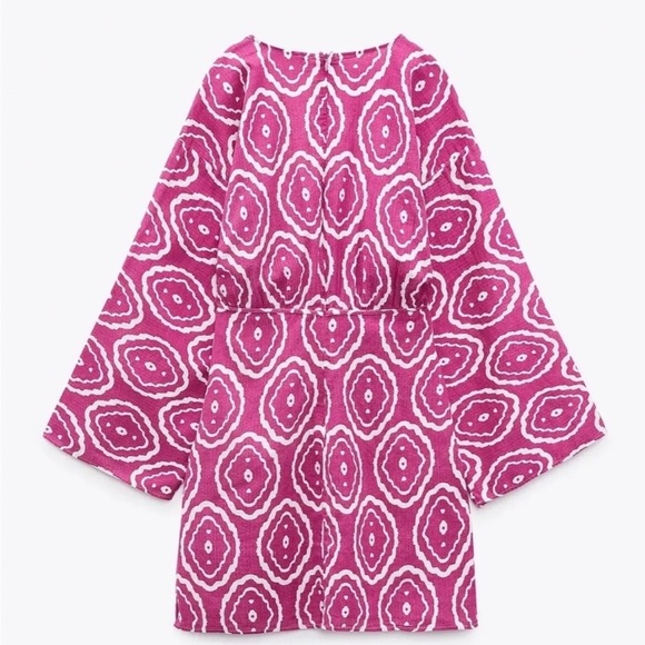 New! Zara pink geometric beaded deep neck cotton/linen mini dress. - Picture 3 of 16